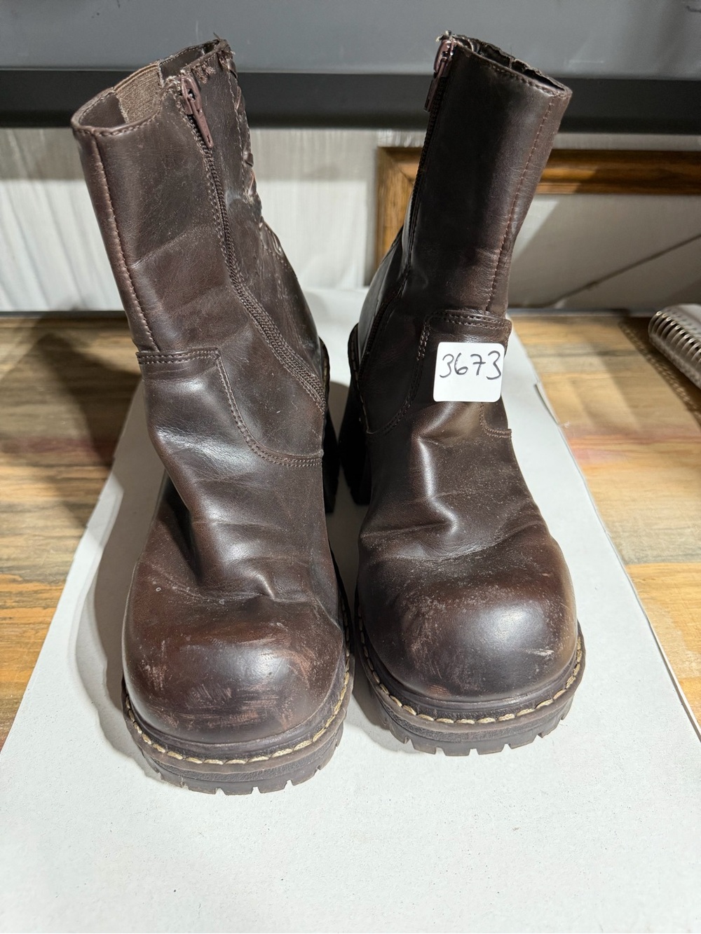 #3673-Women’s Lace-Up Brown Leather Ankle Boots with Side Zip